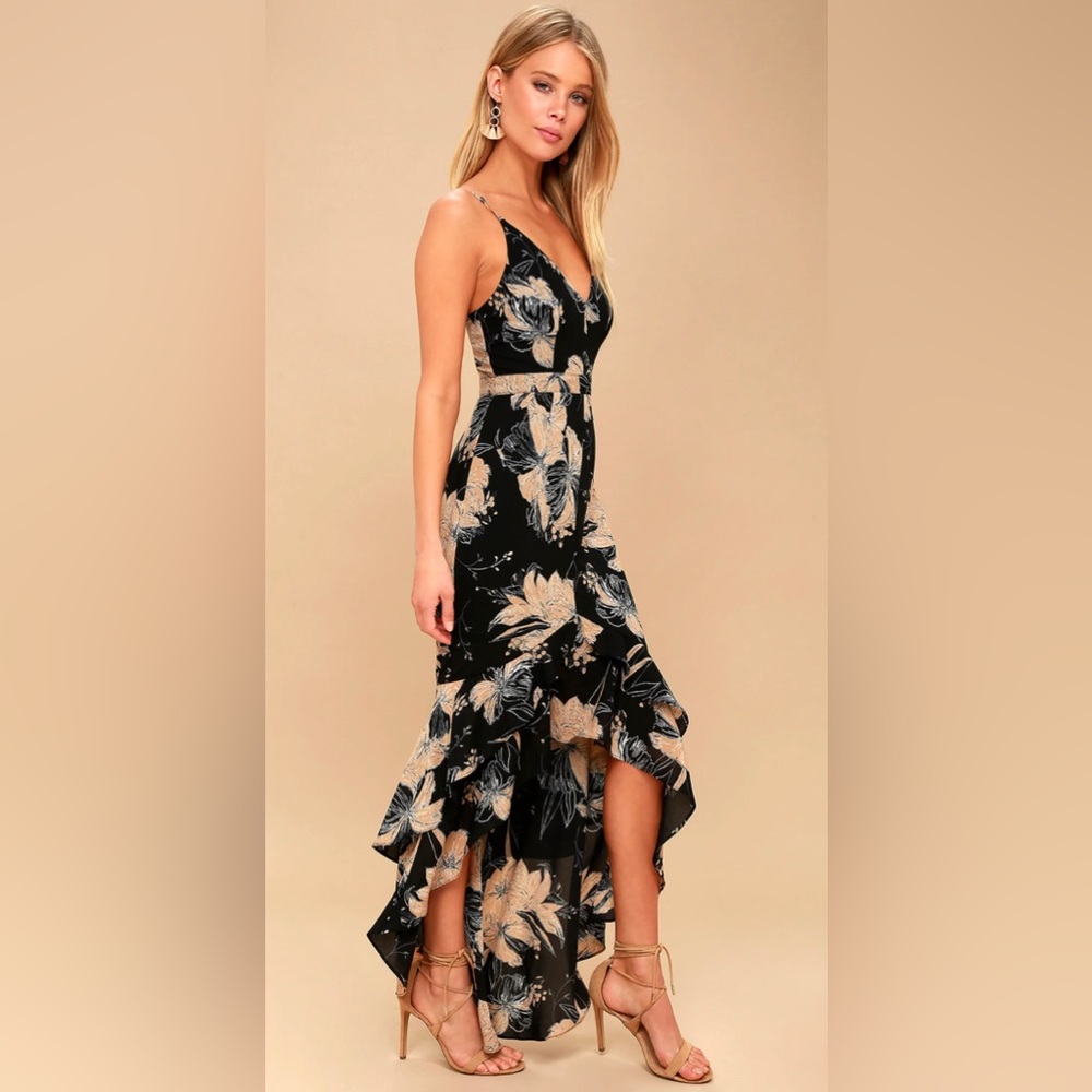 Lulus black and tan floral high-low ruffle maxi dress
